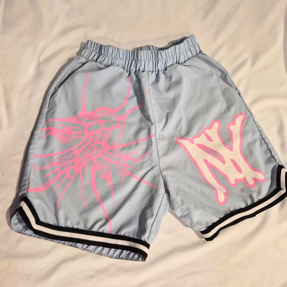 Romwe Cyber Punk Y2K Graphic Mesh Trim Basketball Shorts Light Blue Large